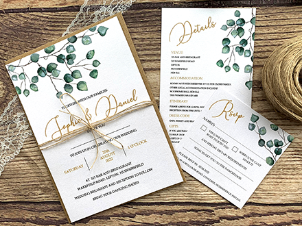 Eucalyptus range wedding invitation with twine, details card and RSVP